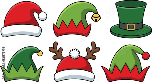Cartoon Christmas hat collection featuring Santa Claus elf and reindeer antler headwear for festive holiday costume design