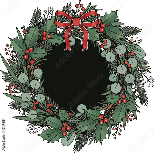Festive Wreath: A beautifully crafted holiday wreath, adorned with vibrant holly leaves, plump berries, and delicate evergreen, all tied together with a cheerful red bow.