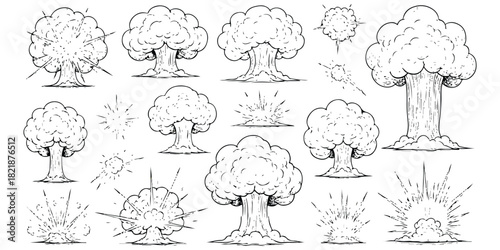 Hand drawn set of cartoon explosions, mushroom clouds, and burst effects