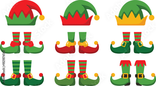 Christmas elf costume set featuring colorful hats and shoes with striped socks and bells for holiday decoration