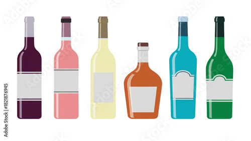 Vector collection of colorful wine and alcohol glass bottles with blank labels flat illustration set