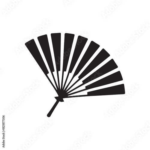 a simple depiction of an elegantly spread handheld folding fan presented as a striking black silhouette