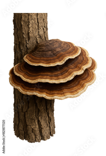 Layered brown and cream bracket fungus on a tree trunk.