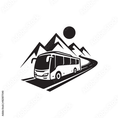 a vintage style graphic showcases a tour bus traveling along a winding road near mountains silhouette