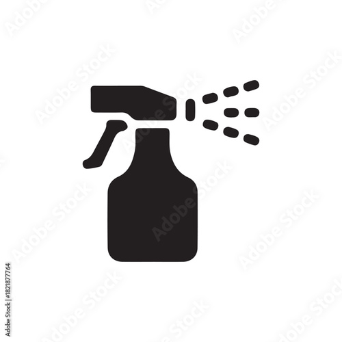 a simple black outline depicts a spray bottle emitting liquid droplets creating a striking silhouette
