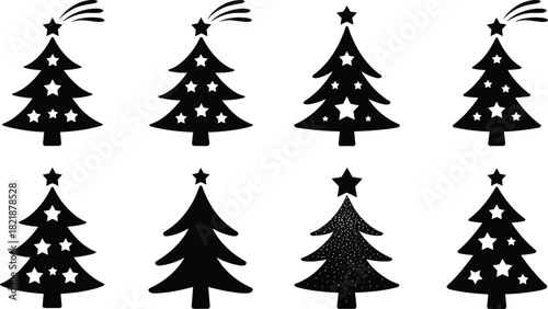 Christmas tree silhouette set collection featuring black pine icons with star toppings for festive winter holiday graphic decoration