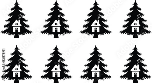 Christmas tree silhouette set featuring cozy house icon with smoking chimney for winter holiday real estate design