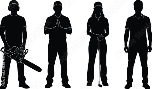 Professional workers and athletes silhouette vector collection: Logger with chainsaw, praying man, female golfer holding club, and casual male polo shirt figure for diverse