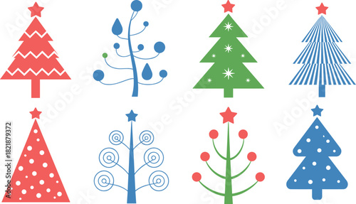 Colorful abstract Christmas tree set featuring geometric red green and blue holiday icons for festive winter decoration