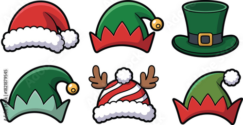 Colorful cartoon Christmas hat set featuring Santa Claus elf and reindeer antler headwear for festive winter holiday costume party decoration