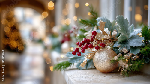 Weihnachtliche Fensterdeko mit Christbaumkugeln und Lichterbokeh