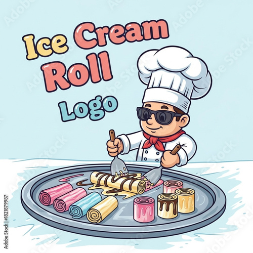 Cool ice cream roll chef logo preparing colorful rolled desserts