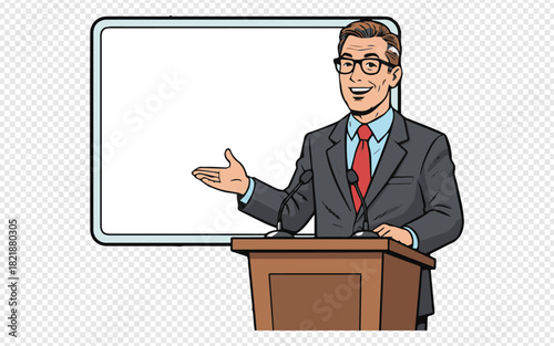 Engaging speaker presenting at a podium with a blank presentation screen, perfect for business announcements or educational lectures with customizable content