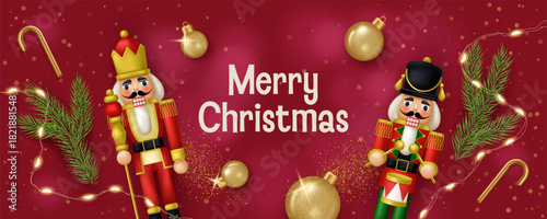 Festive Christmas banner with Nutcracker Toys, pine branches, and xmas ornaments. Realistic Vector illustration in 3D style