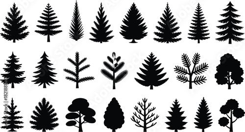 Forest tree silhouette collection featuring black pine fir and spruce icons for nature landscape design