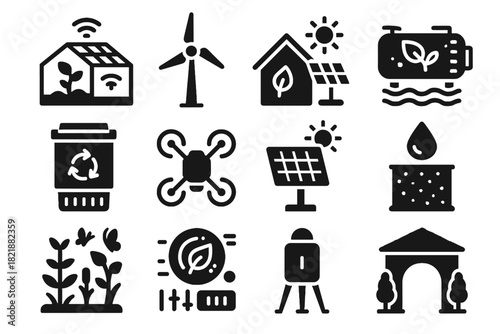 Habitat greenhouse eco energy system smart icon collector biofuel tank hub vector