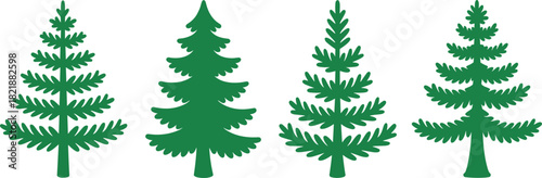 Green pine tree illustration set featuring fir and spruce silhouettes for Christmas holiday and nature design