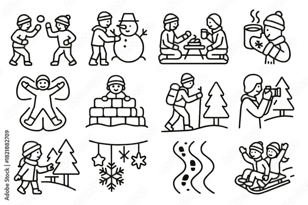 Naklejka premium Icon decorations winter hot activity chocolate vector icons games sledding exploration snowball
