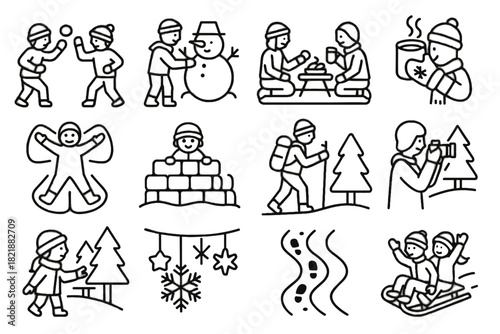 Icon decorations winter hot activity chocolate vector icons games sledding exploration snowball