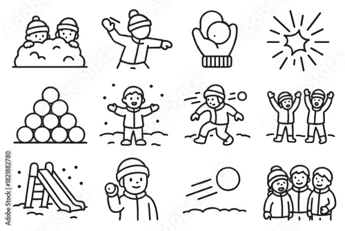 Vector icons scene icon play fight ready person throwing snowball snow pile