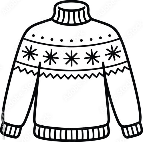 Knitted Christmas sweater line art illustration featuring star snowflake pattern for winter holiday coloring book design