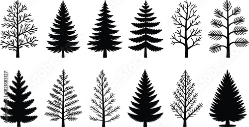 Set of forest tree silhouettes including evergreen pine and leafless dry trees for nature landscape graphic decoration
