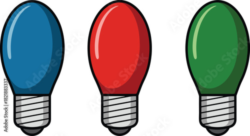Set of three cartoon Christmas light bulbs in blue red and green colors for holiday garland vector design