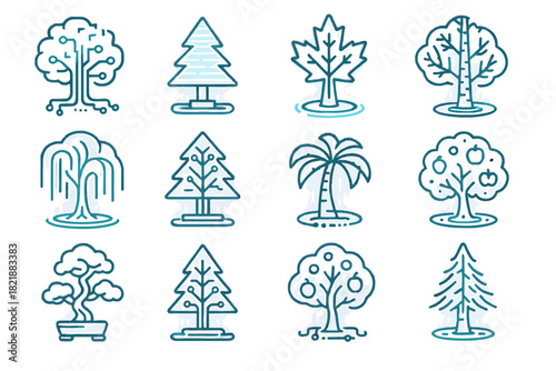 Icons cherry palm icon radiant holographic maple tree willow vector digital cyber