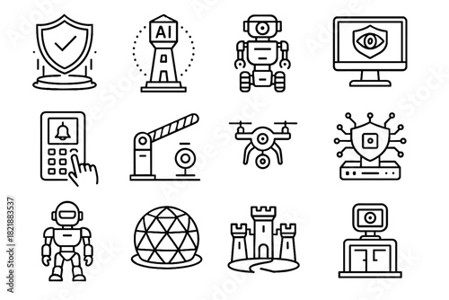 Station robotic defense cyber drone patrol robot holographic interactive icons vector icon