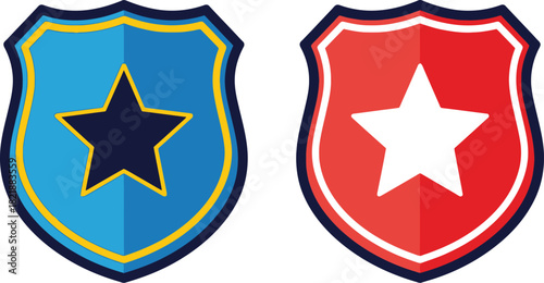 Two colorful shield emblems with white stars blue and red designs