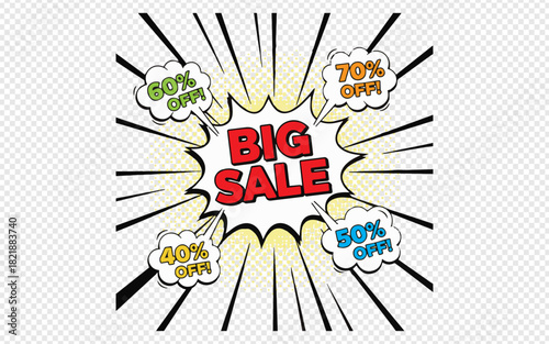 Stunning big sale advertisement with vibrant comic book style discounts, perfect for attracting customers and boosting sales during promotional events