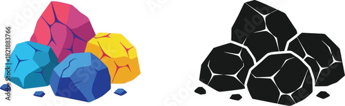 Colorful and dark rock piles representing mineral resources and geological formations