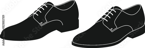 A pair of classic black leather dress shoes with white laces displayed