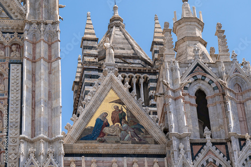 Detail of the Siena Cathedral Facade and Mosaic with Spires, Tuscany, Italy