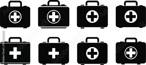 Eight black medical case icons with a white plus sign displayed