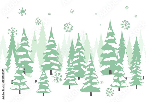 A stylized illustration of a winter forest with snow-covered evergreen trees and falling snowflakes against a white background.