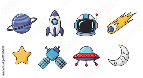 Cartoon space elements rocket planets astronaut helmet and more