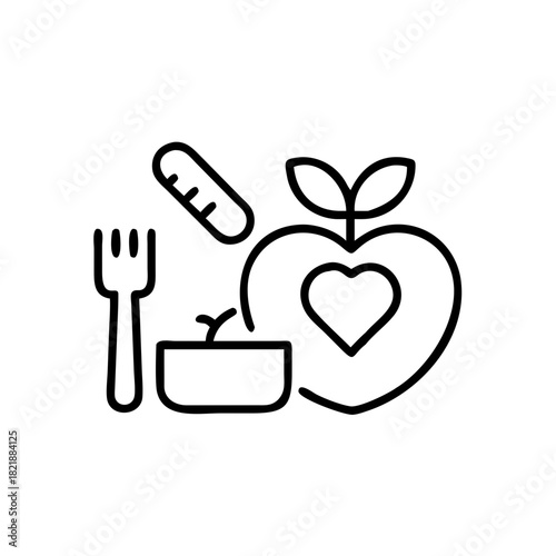 Healthy food and nutrition symbols with heart and fork concept of new year resolutions  