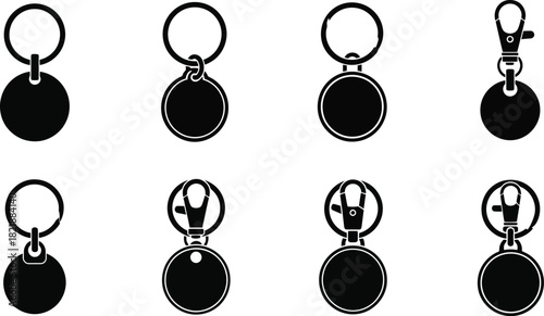 Black keychains with circular pendants and carabiner clips in a set