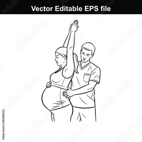 A pregnant woman and a man, possibly a partner or doctor, performing a gentle exercise or stretch, isolated on white background