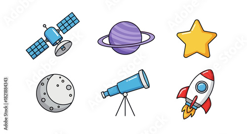 Cartoon space elements satellite planet moon star telescope and rocket isolated