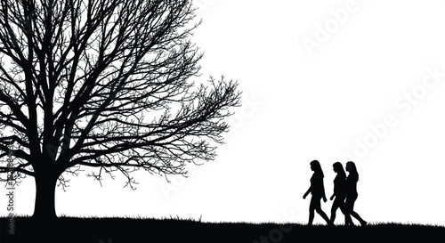 Silhouettes of three friends walking together on a grassy path beneath a large, bare blue tree at sunset, representing friendship, nature, solitude, and peaceful evening strolls.