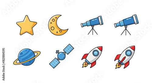 Cartoon space elements set star moon planets telescope rockets satellite
