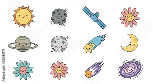 Cartoon space elements sun planet moon satellite and flowers