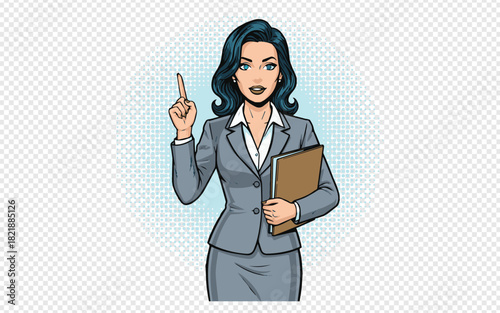 Confident businesswoman with a bright idea in a modern style, holding report while pointing upwards, perfect for illustrating business solutions and innovation