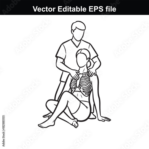 Line art illustration of a chiropractor adjusting a female patients upper back and neck, isolated on white background