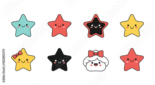 Cartoon stars with smiling faces in various colors on white background