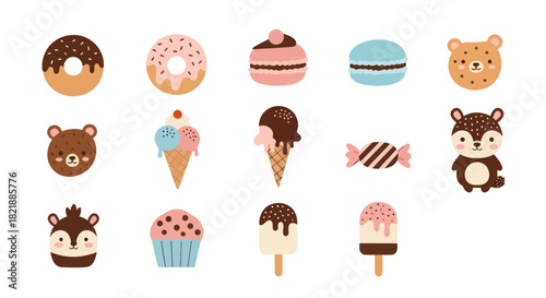 Cartoon sweets and animal characters on white background for various designs