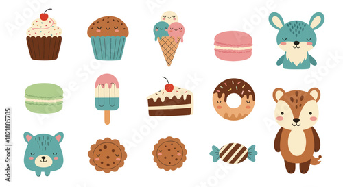 Cartoon sweets and animals collection illustration for design elements