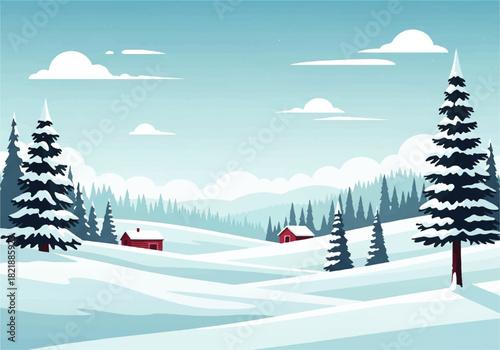 Snowy winter landscape illustration featuring snow-covered hills, evergreen trees, small red cabins, and a light blue sky with white clouds.